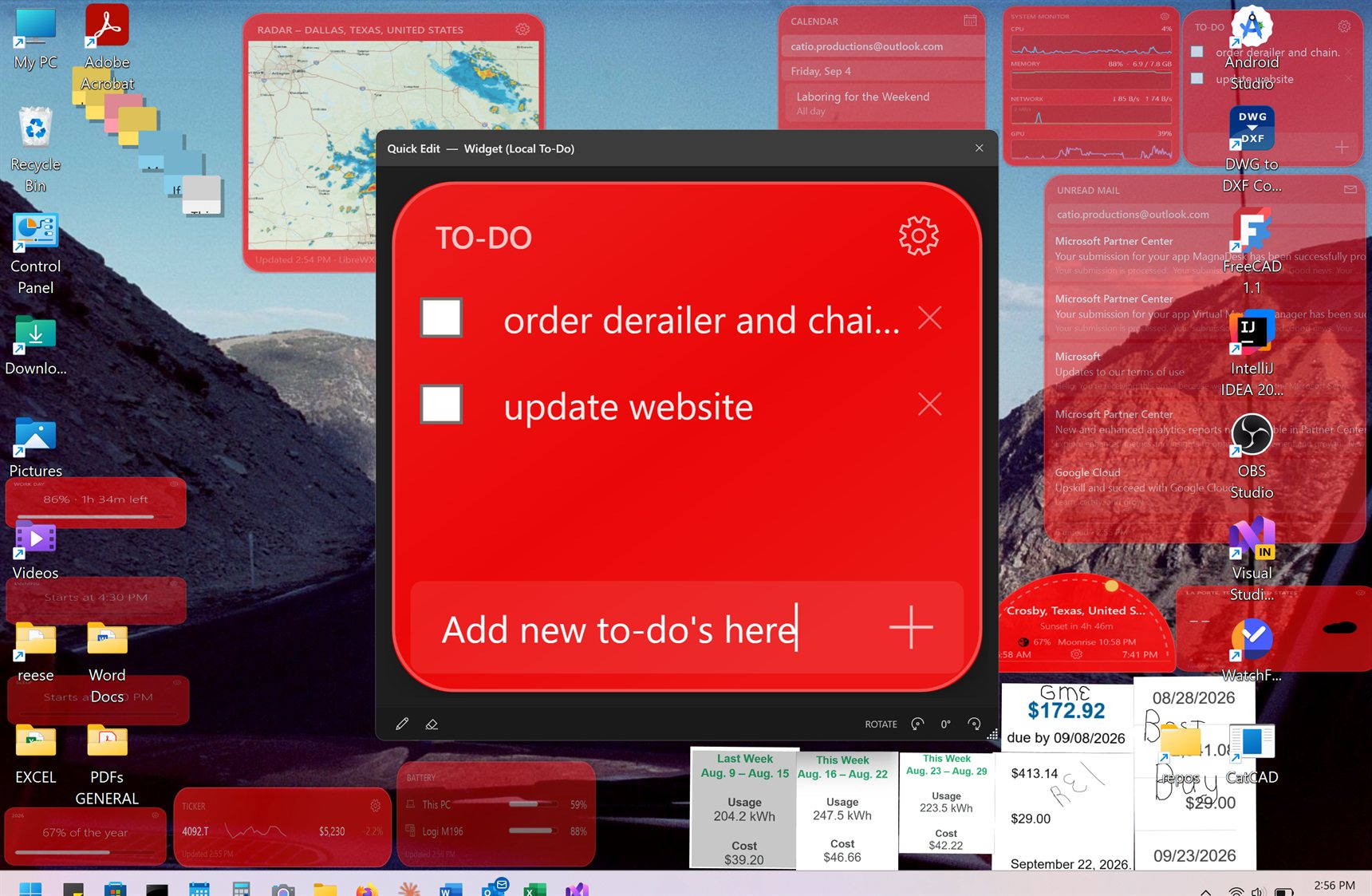 The Edit Item in Place editor open over a red Local To-Do widget with two unchecked items, order derailer and chain and update website, and an Add new to-do field. The rest of the desktop, with radar, calendar, mail, and sticky notes, is untouched behind it.