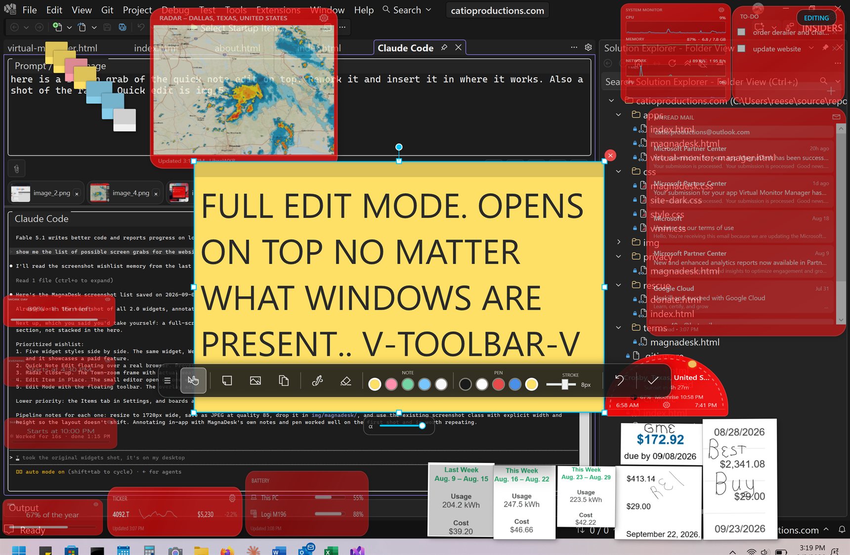Edit Mode open over Visual Studio: a large yellow sticky note is selected with corner handles and a rotation handle, its text reads FULL EDIT MODE. OPENS ON TOP NO MATTER WHAT WINDOWS ARE PRESENT, and the floating toolbar sits just below it with select, note, image, paste, pen, and eraser tools, note and pen color swatches, a stroke slider, undo, and done.