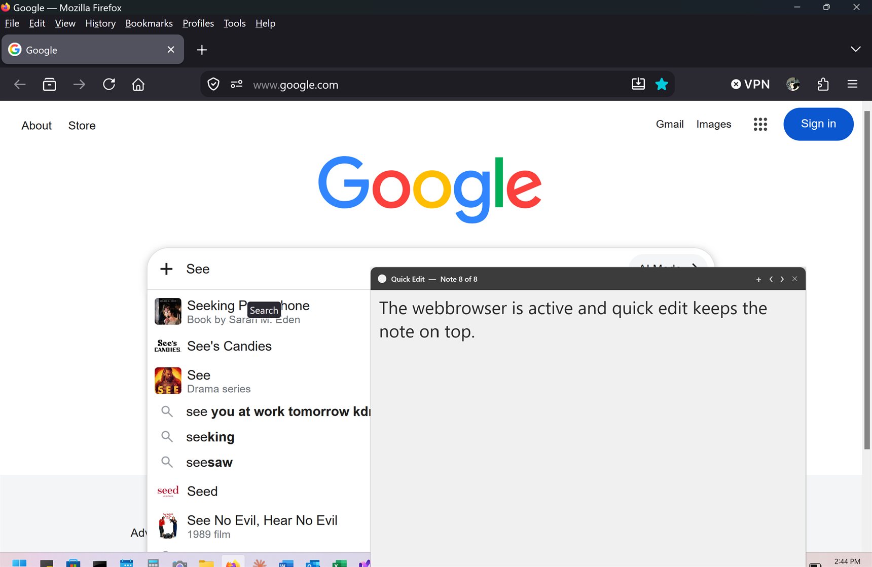 Firefox is the active window with a Google search dropdown open, and the MagnaDesk Quick Edit panel floats over it in the lower right, showing note 8 of 8 with the text: The webbrowser is active and quick edit keeps the note on top.