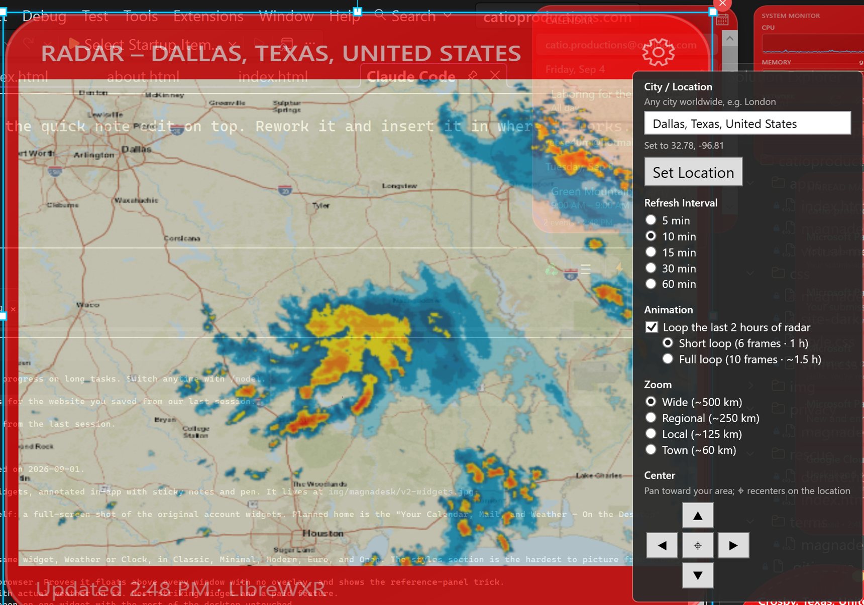 The Radar widget zoomed to Wide over Dallas, Texas, showing a live storm line in blue, yellow, and orange, with its settings panel open: city search, refresh interval, the two-hour animation loop, four zoom levels, and pan controls.