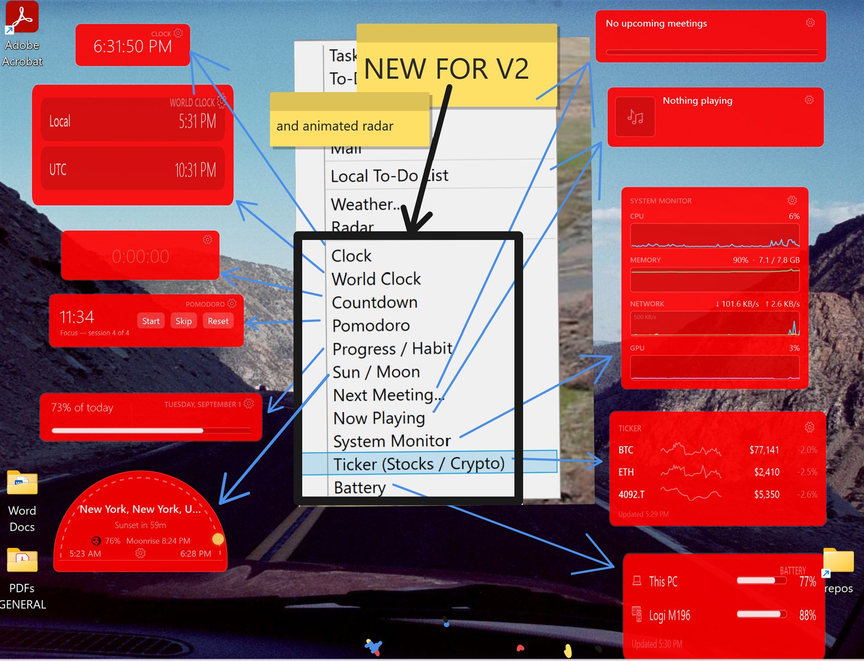 A real Windows desktop running every MagnaDesk 2.0 widget — Clock, World Clock, Countdown, Pomodoro, Progress, Sun/Moon, Next Meeting, Now Playing, System Monitor, Ticker, and Battery — with the Add Widget menu open in the center and sticky-note annotations pointing to each new widget.